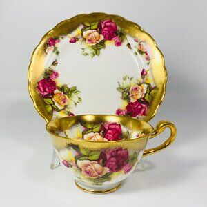 VTG Royal Chelsea Bone China Golden Rose Tea Cup Saucer Heavy Brushed Gold Trim